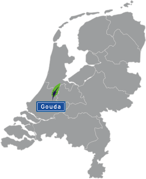 Grijze kaart van Nederland met Gouda aangegeven met blauw plaatsnaambord met witte letters en Dagnall veer voor cursus Nederlands - blauw plaatsnaambord met witte letters en Dagnall veer - transparante achtergrond - 600 * 733 pixels
